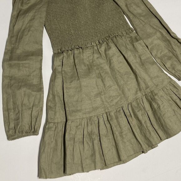 NWT Quince 100% European Linen Smocked Mini Washed Olive Dress Size Small - Picture 7 of 14